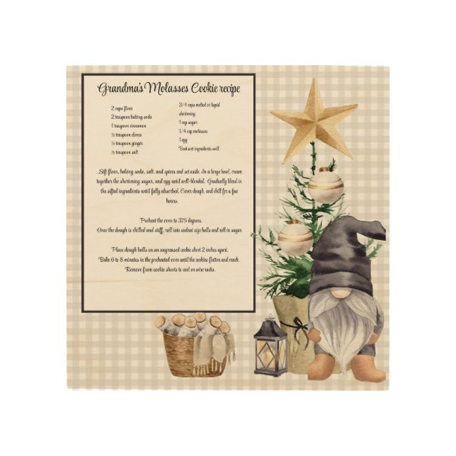Custom Christmas Recipe Keepsake Watercolor Gnome  Wood Wall Art (Front)