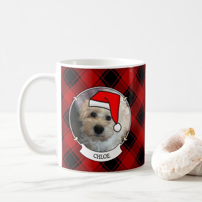 Custom Christmas Red and Black Plaid 2 Photo Frame Coffee Mug (With Donut)