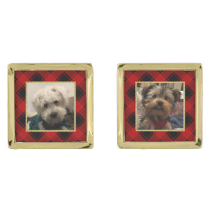 Custom Christmas Red and Black Plaid 2 Photo Frame Cufflinks