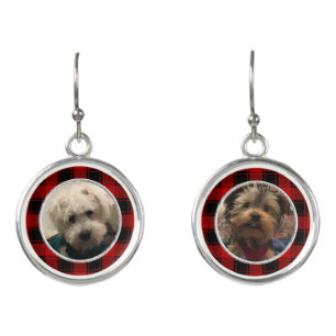 Custom Christmas Red and Black Plaid 2 Photo Frame Earrings