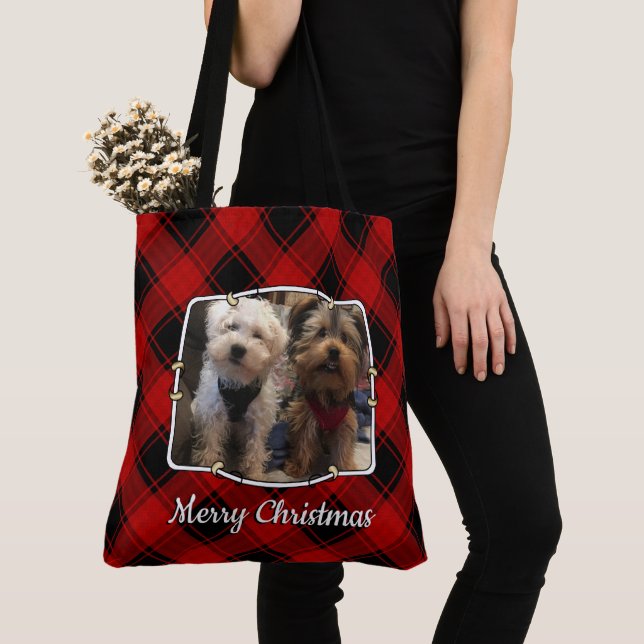 Custom Christmas Red and Black Plaid 2 Photo Frame Tote Bag (Close Up)