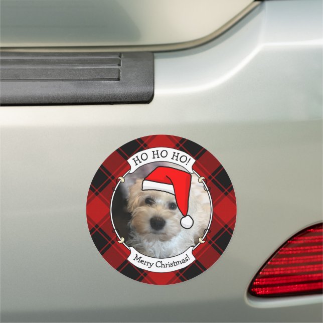 Custom Christmas Red and Black Plaid Photo Frame Car Magnet (In Situ)