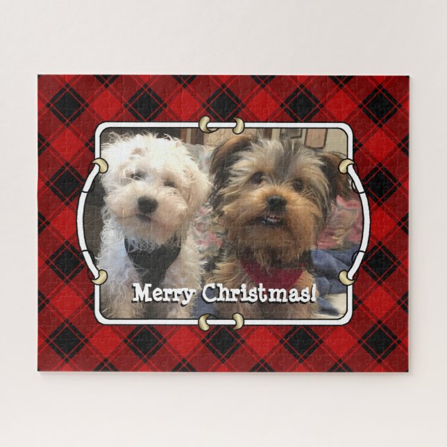 Custom Christmas Red and Black Plaid Photo Frame Jigsaw Puzzle (Horizontal)