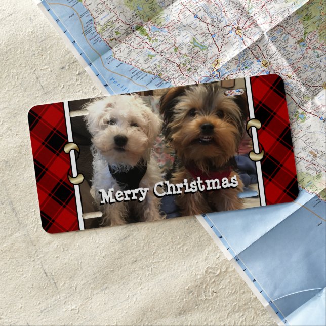 Custom Christmas Red and Black Plaid Photo Frame License Plate (In Situ)