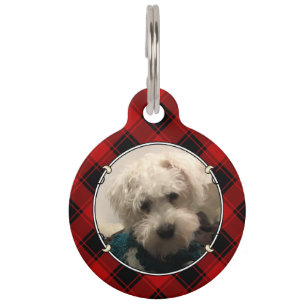 Custom Christmas Red and Black Plaid Photo Frame Pet ID Tag