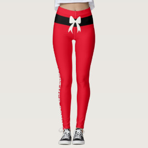 Custom Christmas Red Black Belt Ivory Bow Festive Leggings