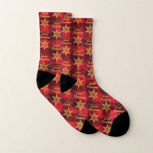 Custom Christmas Red Buffalo Plaid Star Snowflake Socks