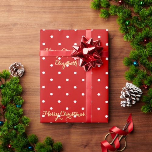 Custom Christmas Red Faux Gold Script Polka Dot Wrapping Paper