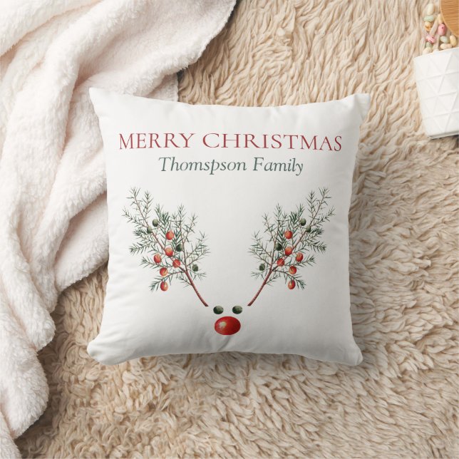 Custom Christmas Red Nosed Deer Pine Berries  Throw Pillow (Blanket)