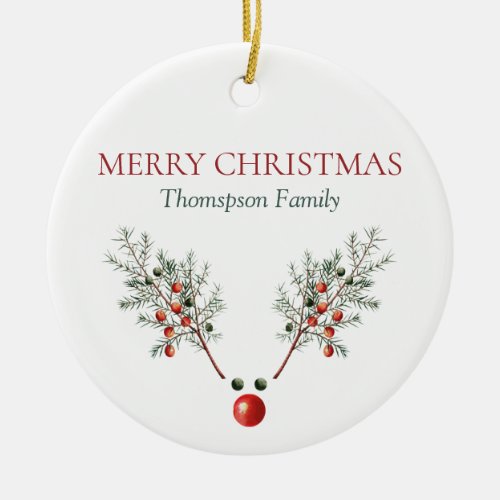 Custom Christmas Red Nosed Reindeer Pine Berries Ceramic Ornament