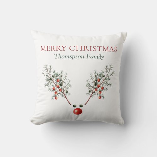 Custom Christmas Red Nosed Reindeer Pine Berries  Throw Pillow