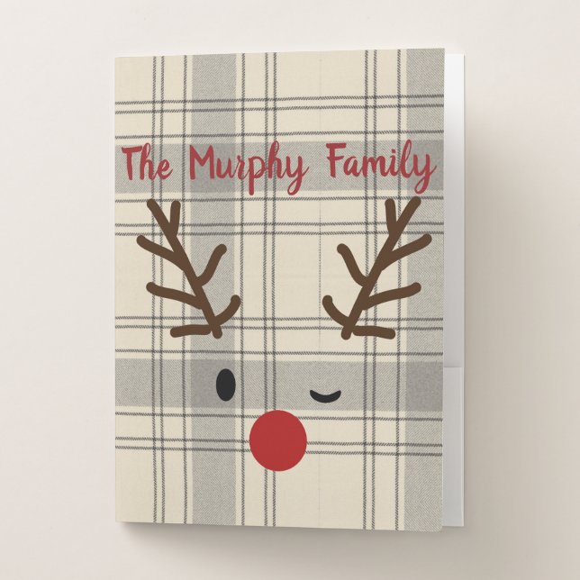 Custom Christmas Reindeer Family Lumberjack Plaid Pocket Folder (Front)