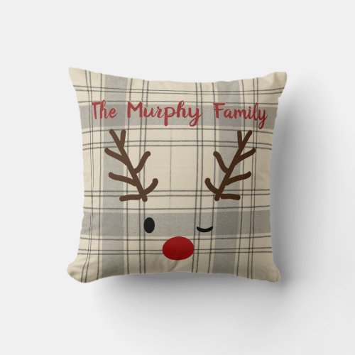 Custom Christmas Reindeer Family Lumberjack Plaid Throw Pillow