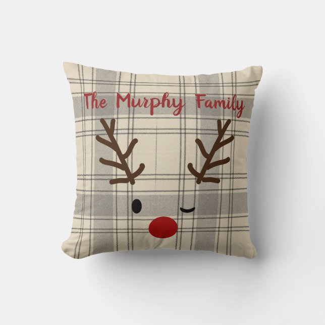 Custom Christmas Reindeer Family Lumberjack Plaid Throw Pillow (Front)