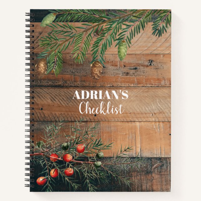Custom Christmas Rustic Wood Xmas Checklist Notebook (Front)