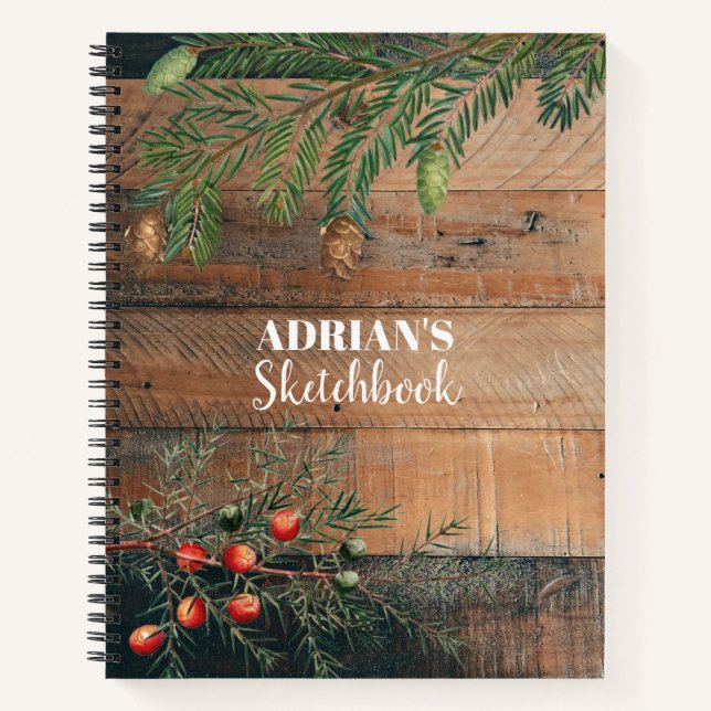 Custom Christmas Rustic Wood Xmas Sketchbook Notebook (Front)