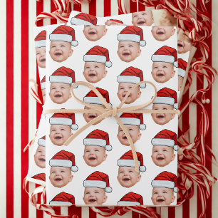 Custom Christmas Santa Hat Face Photo Wihte Wrapping Paper Sheets