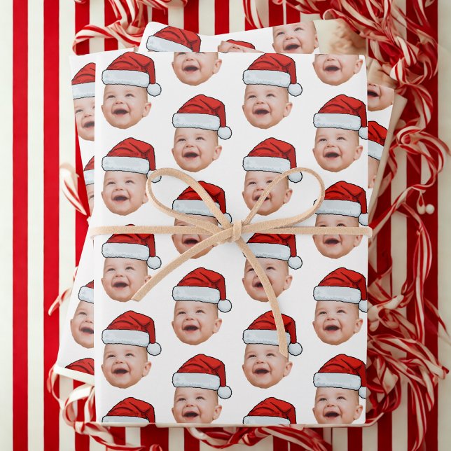 Custom Christmas Santa Hat Face Photo Wihte Wrapping Paper Sheets (Creator Uploaded)