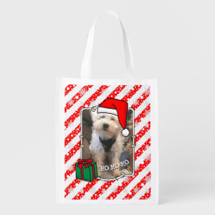 Custom Christmas Santa Hat Pet Two Photo Grocery Bag
