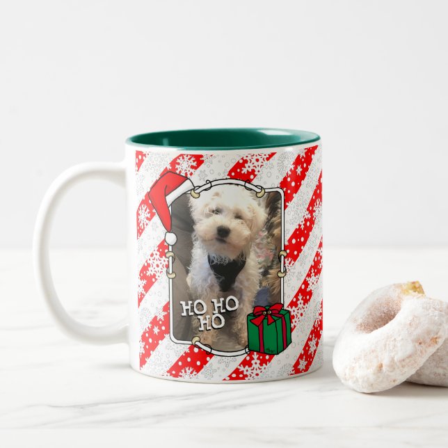 Custom Christmas Santa Hat Pet Two Photo Two-Tone Coffee Mug (With Donut)