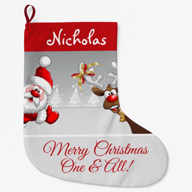 Custom Christmas Santa & Reindeer Large Christmas Stocking (Front)