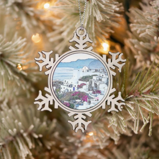 Custom Christmas Santorini Greece Snowflake Pewter Christmas Ornament (Tree)