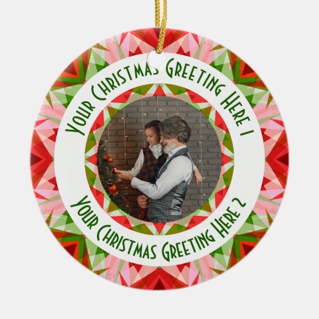 Custom Christmas Star Jolly Red Fun Photo Greeting Ceramic Ornament (Front)