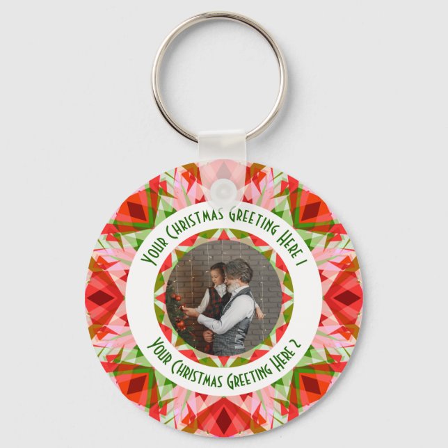 Custom Christmas Star Jolly Red Fun Photo Greeting Keychain (Front)