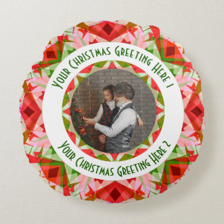 Custom Christmas Star Jolly Red Fun Photo Greeting Round Pillow