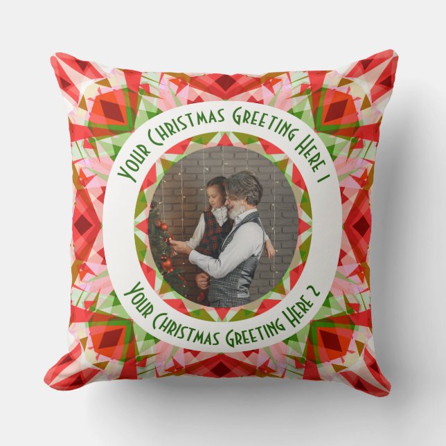 Custom Christmas Star Jolly Red Fun Photo Greeting Throw Pillow (Front)