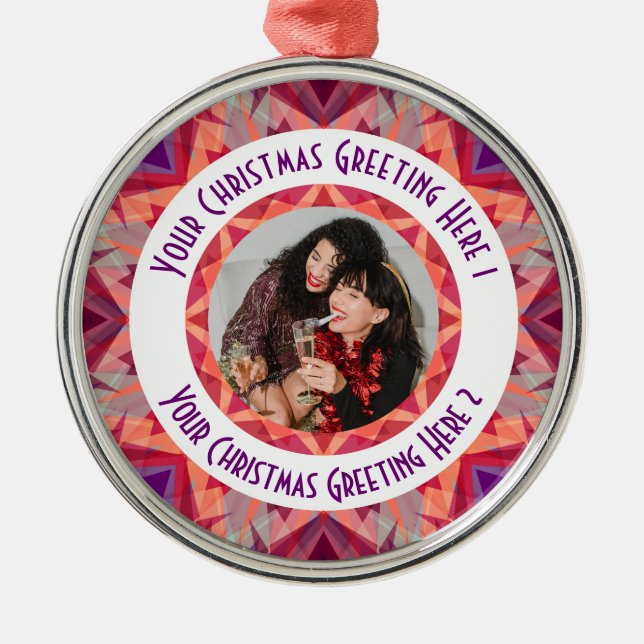 Custom Christmas Star Jolly Red Fun Purple Photo Metal Ornament (Front)