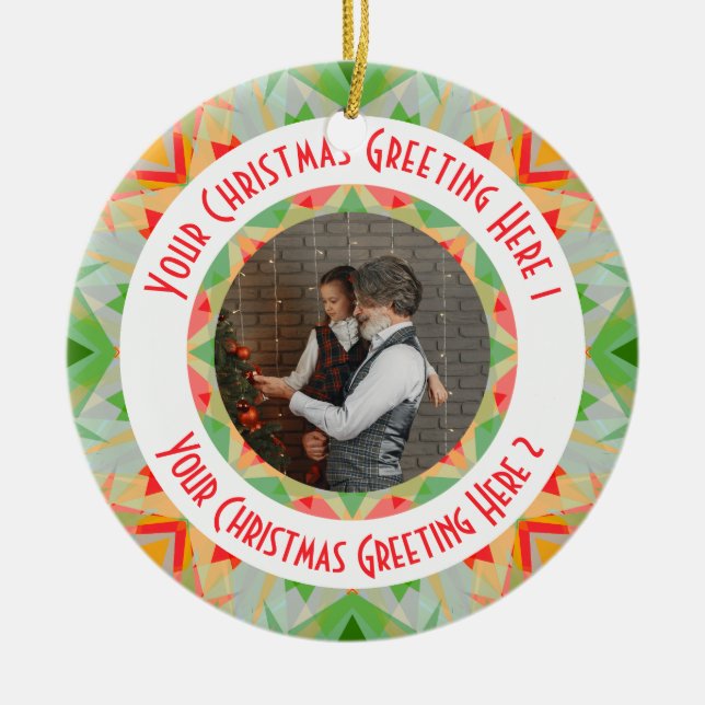 Custom Christmas Star Merry Green Photo Greeting Ceramic Ornament (Front)