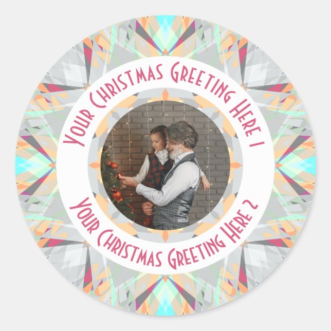 Custom Christmas Star Winter Gray Photo Greeting Classic Round Sticker (Front)