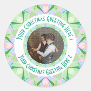 Custom Christmas Star Winter Green Photo Greeting Classic Round Sticker
