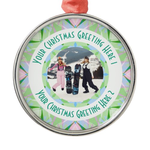 Custom Christmas Star Winter Green Photo Greeting Metal Ornament