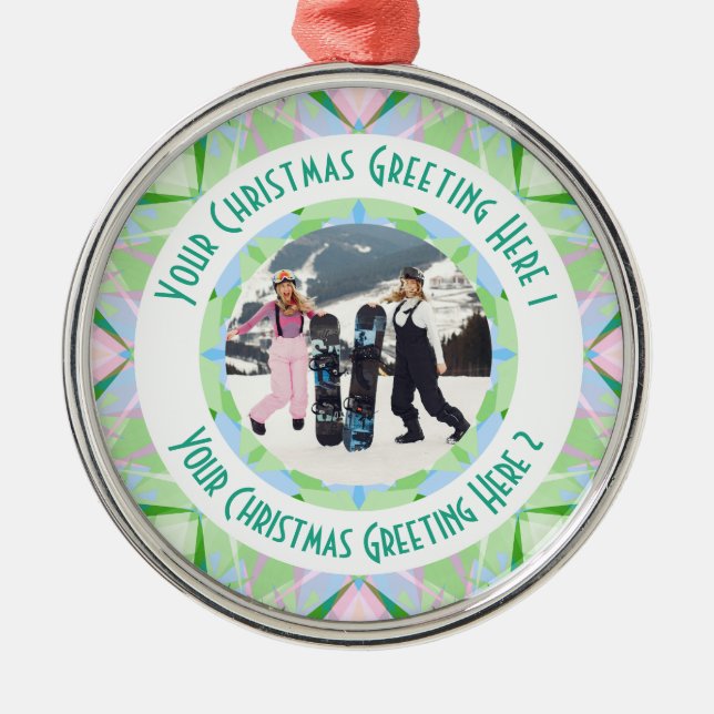 Custom Christmas Star Winter Green Photo Greeting Metal Ornament (Front)