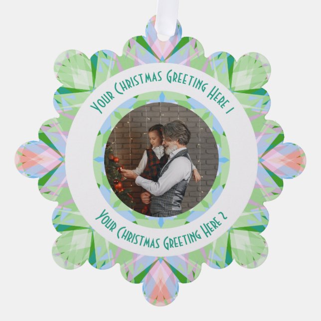 Custom Christmas Star Winter Green Photo Greeting Ornament Card (Front)