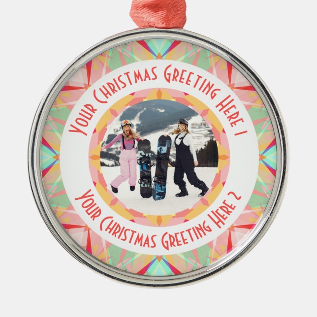 Custom Christmas Star Winter Red Photo Greeting Metal Ornament (Front)