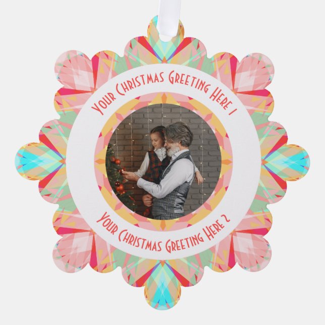 Custom Christmas Star Winter Red Photo Greeting Ornament Card (Front)