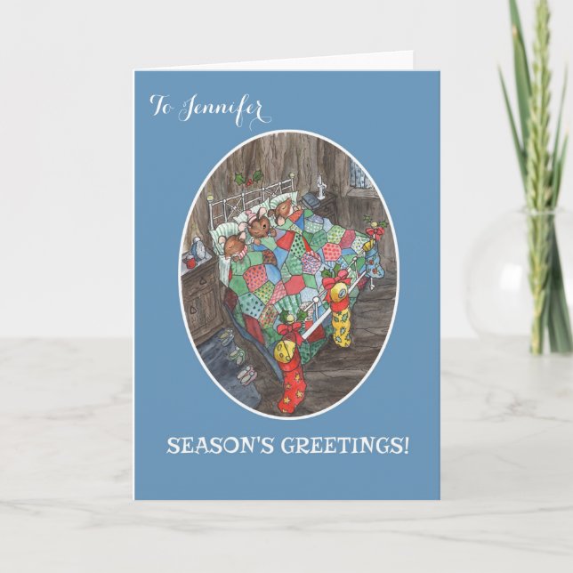 Custom Christmas Stockings Cute Wood-Mice Holiday Card (Front)