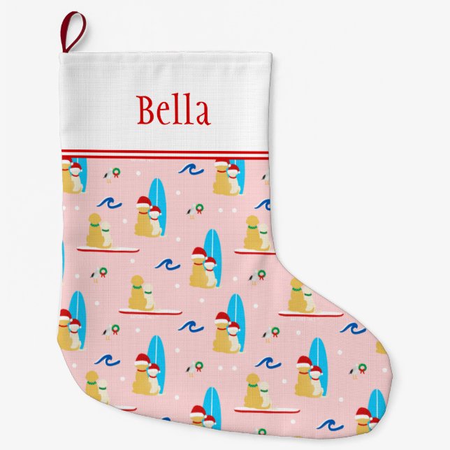 Custom Christmas Surfing Dogs, Seagulls Stocking (Front)