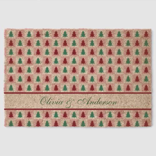 Custom Christmas Tree Burgundy Pine Green Pattern Fiber Doormat