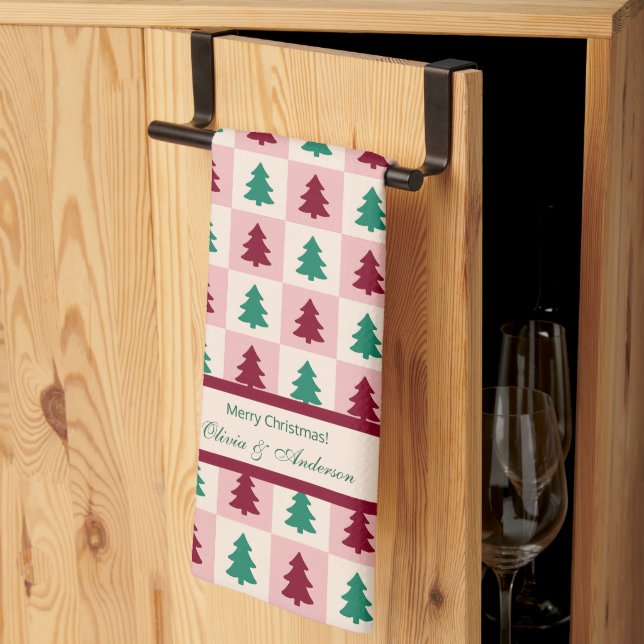 Custom Christmas Tree Burgundy Pine Green Pattern Kitchen Towel (Thirds Fold)
