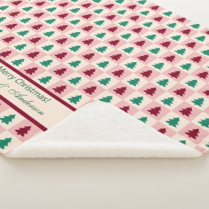 Custom Christmas Tree Burgundy Pine Green Pattern Sherpa Blanket