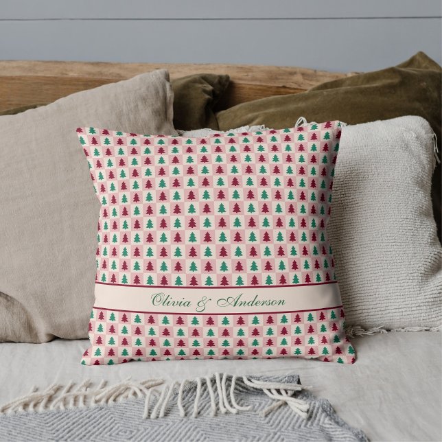 Custom Christmas Tree Burgundy Pine Green Pattern Throw Pillow (Creator Uploaded)