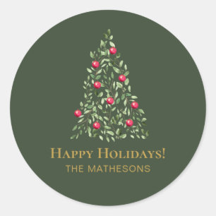 Custom Christmas Tree green red elegant family Classic Round Sticker