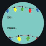Custom Christmas tree lights to from tag stickers<br><div class="desc">Custom Christmas tree lights to and from tag stickers. Colorful Xmas decorations design with personalizable template text. Custom tag with colored treelights decor. Cute bulbs design for men women and kids. Personalize with custom family name or seasons greetings. Round glossy labels / stickers for Holiday presents.</div>