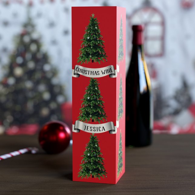 Custom Christmas Tree Red Wine Gift Box (Just add your name to this festive red and green Christmas wine gift box.)