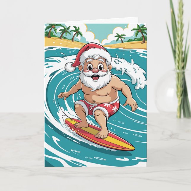 Custom Christmas Tropical Palm Tree Beach Surfing  Holiday Card (Front)