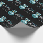 Custom Christmas Turquoise Blue Black Ornament Wrapping Paper<br><div class="desc">Lovely modern gift wrapping paper with Merry Christmas written.  Silver blue,  turquoise with large ornament with bow.  Personalize with name. Impress your friends and family with this luxurious gift wrapping paper.  (background color can be changed to any color)</div>